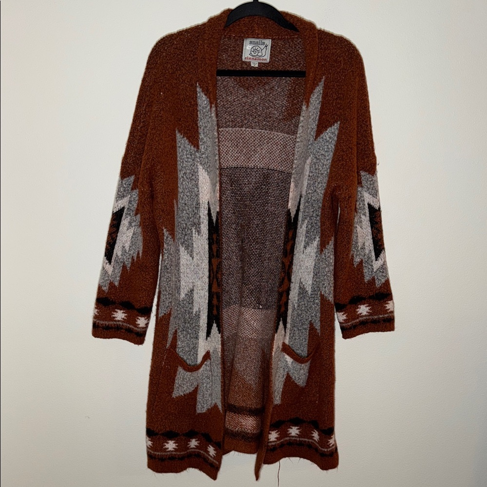 Snails Cinnamon Boho Aztec Print Oversized Fuzzy Cardigan Sweater
